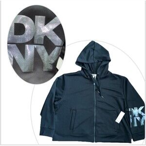 DKNY Women’s 2XL Black Full Zip Hoodie Jacket Shimmer Logo On Sleeve NEW